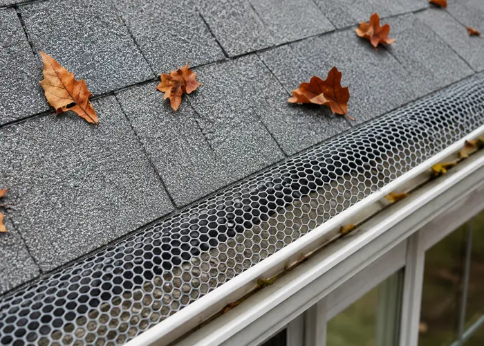 Asphalt shingles and gutters on an Iowa home showing texture of shingle granules